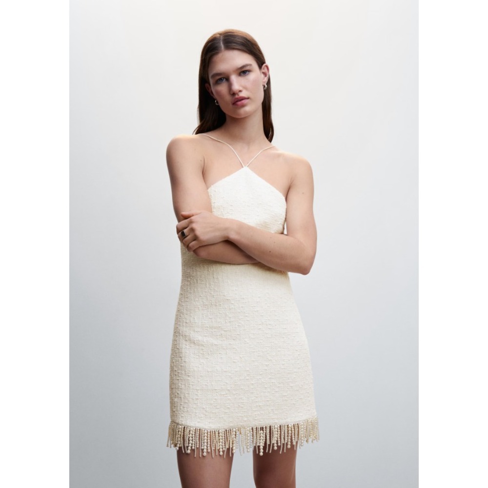 Mango Womens Pearl Textured Mini Dress Halter Neck Sleeveless Off White Small‎